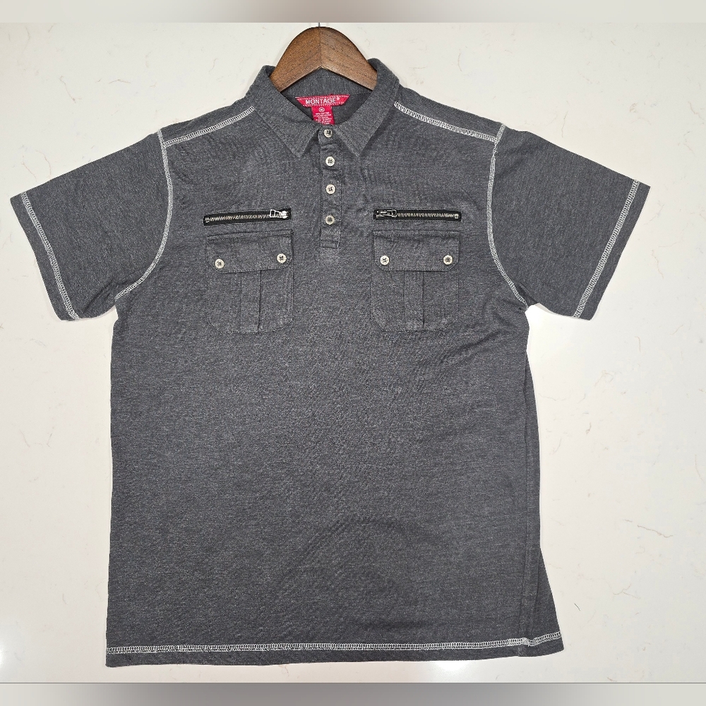 Montage Men's Polo Shirt 4 Pocket 2 Zipper Grey Short Sleeve Size Med‎